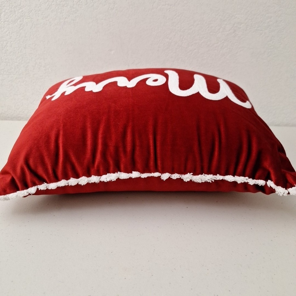 Silky Red Velvet Merry Christmas Pillow Stitched Script w/ Fringe 18" x 14" - Picture 10 of 11